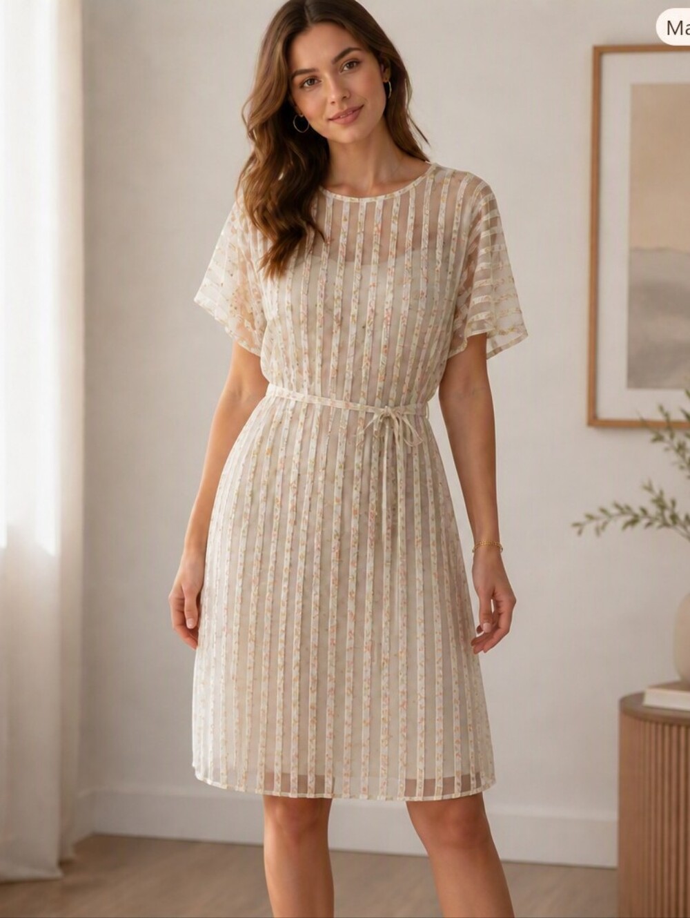Vintage White Floral Striped Midi Dress
